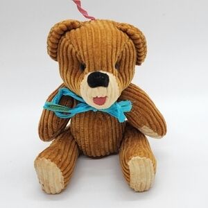 Vintage mini Corduroy bear ornament tan with blue bow moveable